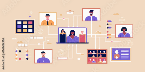 Diverse group connected through a network of screens and digital interfaces