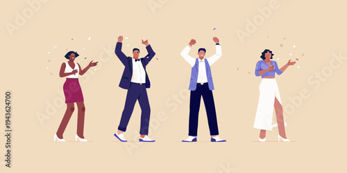 Four people celebrating with applause and confetti in a minimalist style