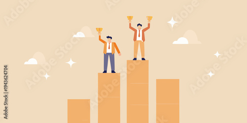 Two businessmen celebrate success raising trophies on ascending platforms