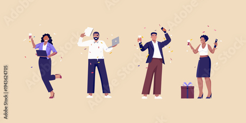 Celebratory diverse team toasting success with champagne and confetti