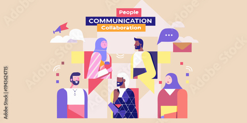 Diverse people interacting with communication bubbles and collaborative elements