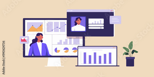 Woman participating in a virtual meeting displayed across multiple screens