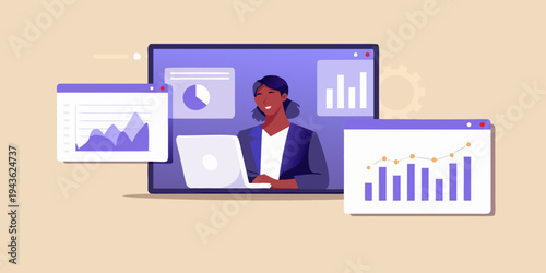 Woman participating in a virtual meeting with data analysis dashboards