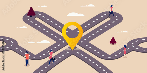 People navigating a complex road with a location marker