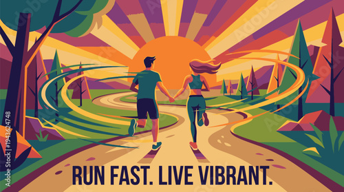 Vibrant Illustration of People Running Outdoors.