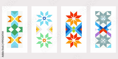 Four colorful geometric patterns arranged vertically in rectangular frames