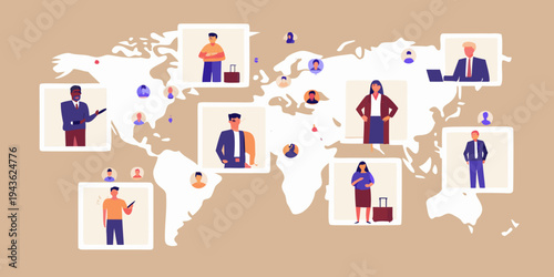 Global network of diverse professionals connected across a world map illustration