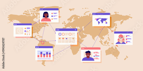 Global network connecting people and data through digital interfaces