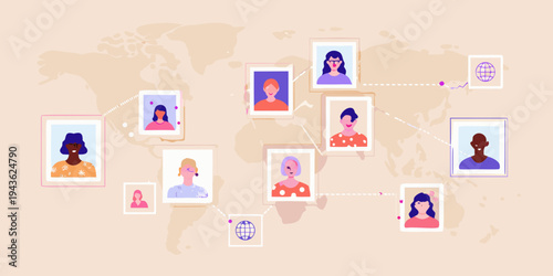 Diverse group of women connected globally via a world map network