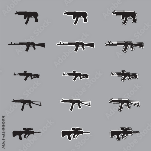 Set of assault rifle silhouette icons with sticker and outline styles, military tactical weapon vectors isolated on gray background.
