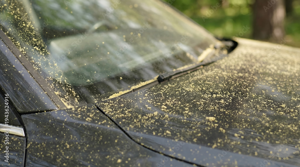 Fototapeta premium Thick layer of golden yellow pollen coating a dark car windshield and hood, signaling the peak of spring allergy season and environmental dust