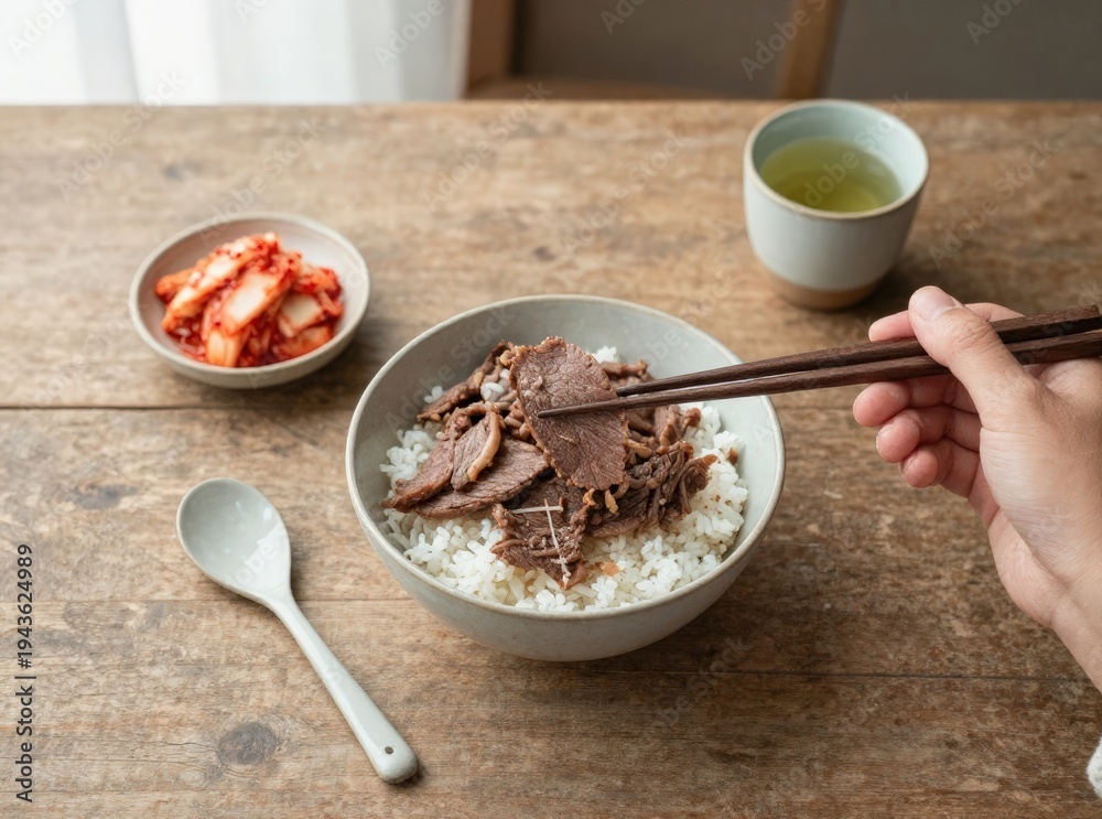 Fototapeta premium Close-up of hand using chopsticks to eat savory beef over rice bowl served with kimchi side dish and green tea on rustic wooden table 