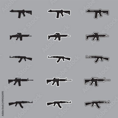 Set of assault rifle silhouette icons with sticker and outline styles, military tactical weapon vectors isolated on gray background.