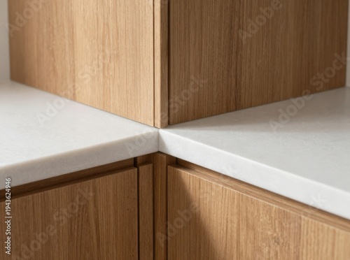 Close-up view of a kitchen corner featuring light oak cabinets and a white countertop
