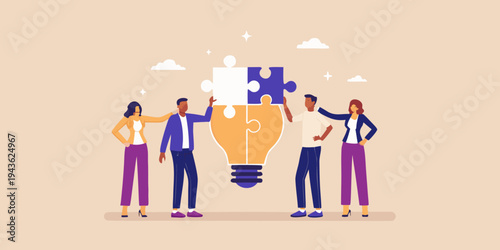 Teamwork and innovation people connecting to form a lightbulb idea