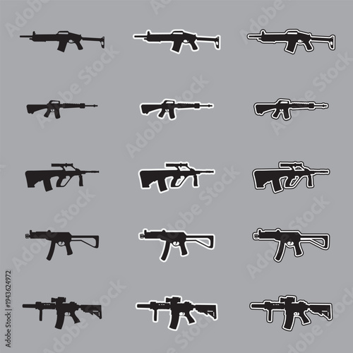 Set of assault rifle silhouette icons with sticker and outline styles, military tactical weapon vectors isolated on gray background.
