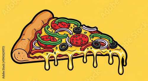 Delicious slice of pepperoni pizza with melted cheese and vegetables on a yellow background