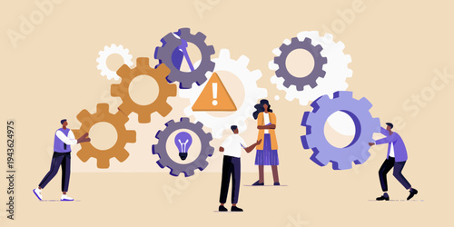 Teamwork and innovation concept with gears lightbulb and warning sign