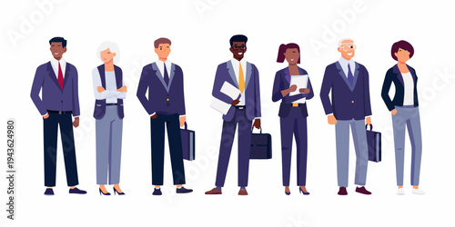 Diverse group of professionals standing in a row looking forward