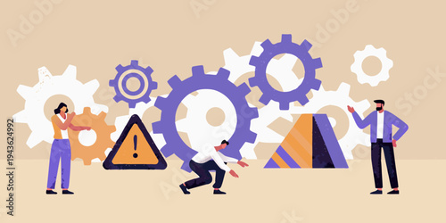 People interacting with geometric shapes and mechanical gears in illustration