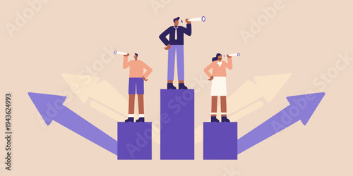 People on pedestals looking through binoculars symbolizing vision and progress