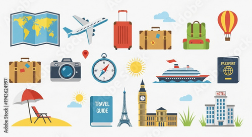 Colorful travel icons and symbols for tourism and adventure including luggage transportation and landmarks on a white background