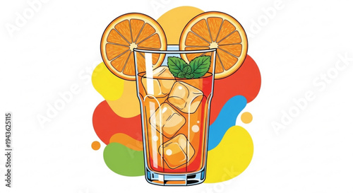 Refreshing orange drink with ice and mint in a tall glass garnished with slices on colorful abstract background