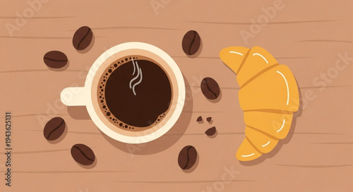 Delicious breakfast scene with steaming hot coffee cup and croissant on wooden table