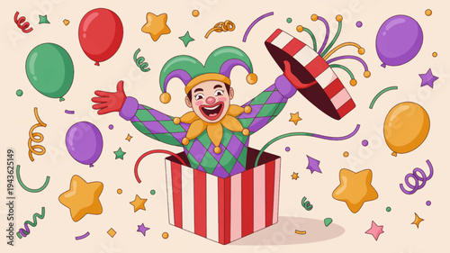 Jester emerges from gift box surrounded by colorful balloons and confetti celebrating surprise party