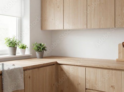 Bright minimalist kitchen corner with light wood cabinets and countertop featuring potted plants on windowsill bathed in natural sunlight
