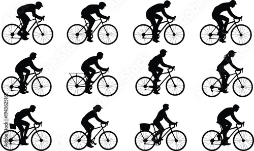 black silhouettes of men and women riding bicycles for urban transit fitness sports and eco-friendly lifestyle.