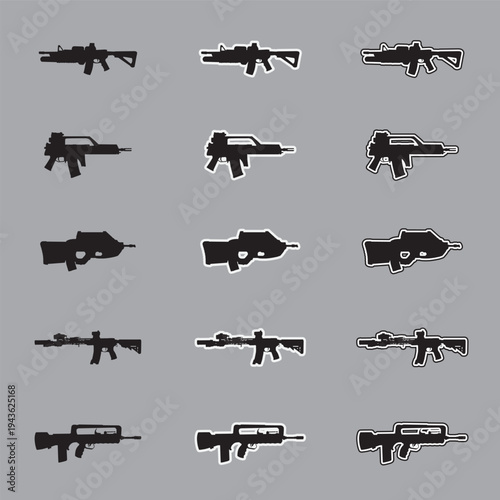 Set of assault rifle silhouette icons with sticker and outline styles, military tactical weapon vectors isolated on gray background.