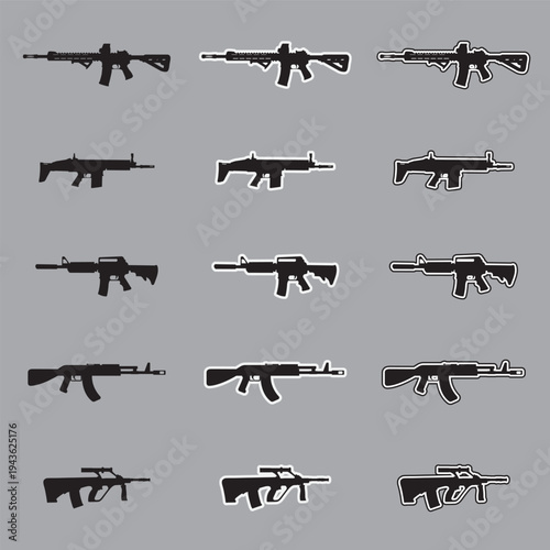 Set of assault rifle silhouette icons with sticker and outline styles, military tactical weapon vectors isolated on gray background.