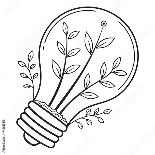 Artistic light bulb containing multiple plant stems and leaves reaching outwards as metaphor for expanding green initiatives and ecological projects