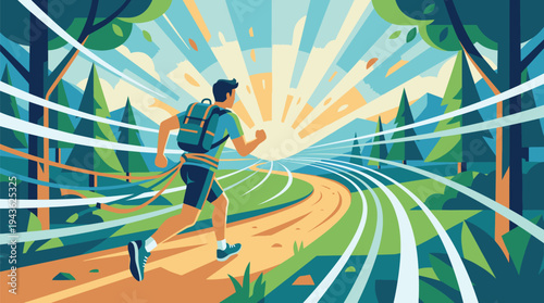 Young Man Running on Forest Trail in Nature.