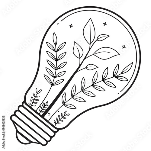 Conceptual vector graphic of decorative light bulb with leafy branches and stars depicting bright ideas for environmental protection and eco safety