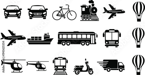 Black vector silhouette collection of transportation icons featuring cars, airplanes, helicopters, hot air balloons, trains, buses, freight ships, and delivery trucks for logistics design.