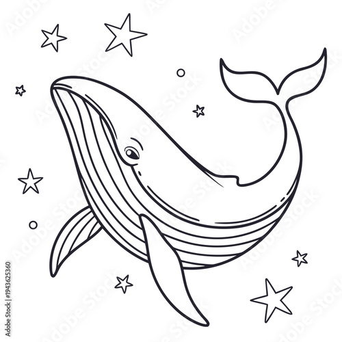 Whimsical whale swimming among stars and celestial bodies, representing ocean life, marine wonder, and cosmic fantasy in illustrative style