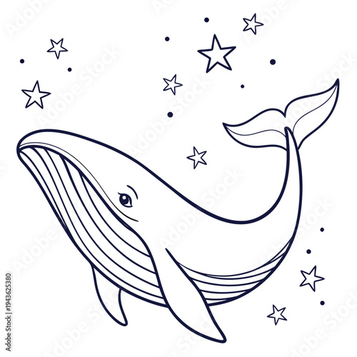 Whale swimming in night sky among stars outline vector illustration for coloring book page children education aquatic animal creative line artwork