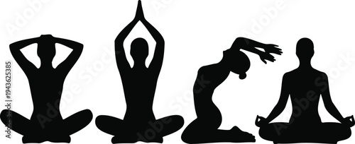 Black silhouettes of women in various yoga poses and meditation positions for wellness health fitness and mindfulness concepts.