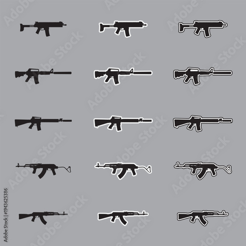 Set of assault rifle silhouette icons with sticker and outline styles, military tactical weapon vectors isolated on gray background.