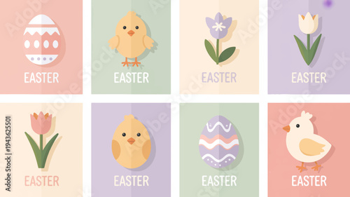 Easter eggs and chicks in colorful pastel squares for spring holiday decoration