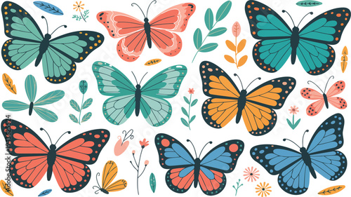 Large collection of colorful butterflies with different wing patterns and floral elements for spring and nature design projects.