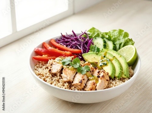 Healthy grain bowl with grilled chicken, avocado, fresh vegetables and lime on a light wooden table near window
