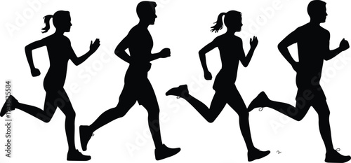 Black silhouettes of men and women running and jogging for fitness sports marathon race and healthy lifestyle concepts.