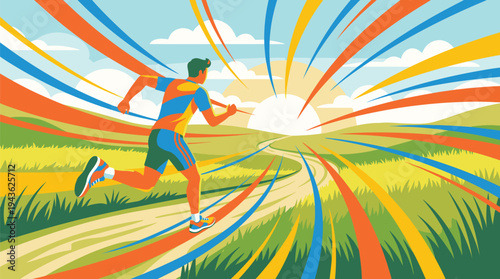 Young Man Running Outdoors in Sunrise Field.