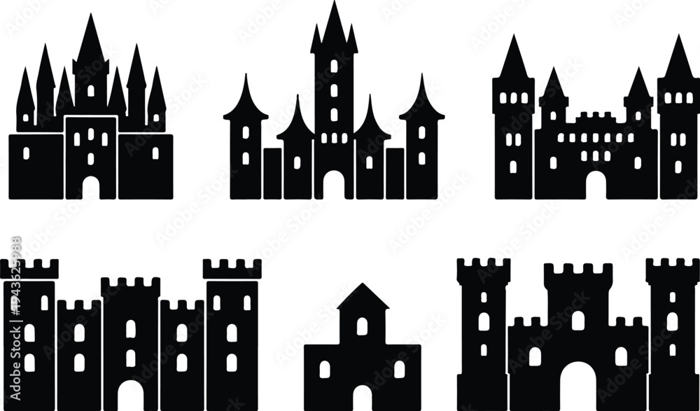 Fototapeta premium Set of black medieval castle and fortress silhouettes with towers and flags for fantasy gaming and kingdom concepts.