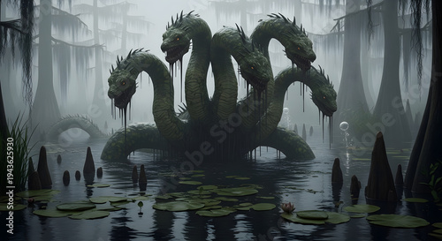 Giant multi-headed hydra monster emerging from a misty swamp bayou with glowing red eyes and dripping slime in a dark fantasy setting.