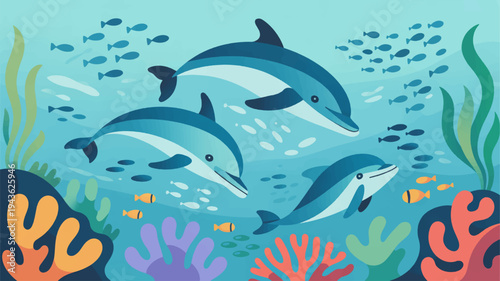 Three dolphins swim together in coral reef with seaweed and small fish underwater scene with vibrant ocean life
