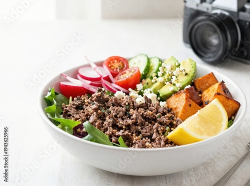 Healthy Buddha bowl with quinoa, roasted sweet potato, avocado, and fresh vegetables on a white table. Vegetarian lunch concept with camera in background.
